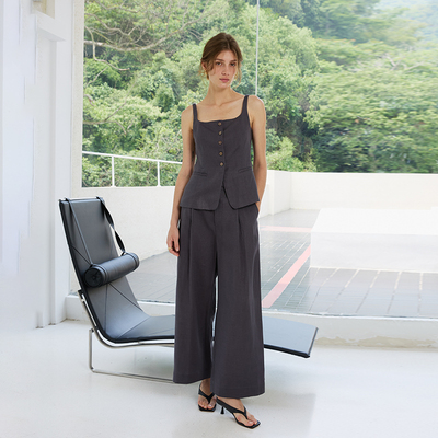 NANCYLILI夏季新品清爽松弛亚麻套装简约复古方领马甲宽松休闲裤