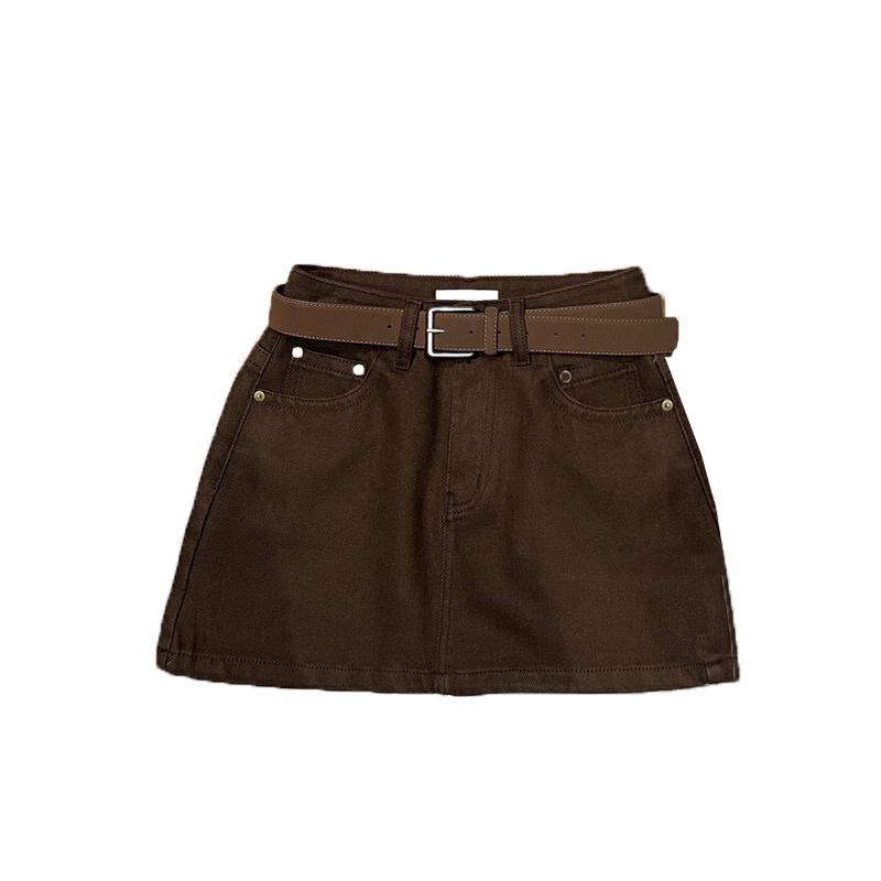 NANCYLILI 牛仔半身裙女秋季复古送腰带包臀A字裙咖色做旧短裙