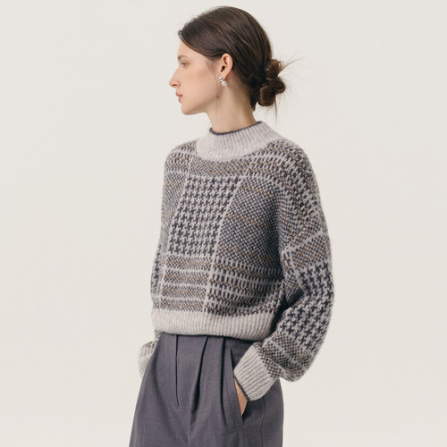 NANCYLILI 千鸟格毛衣25秋冬新款复古提花女圆领套头长袖显瘦上衣