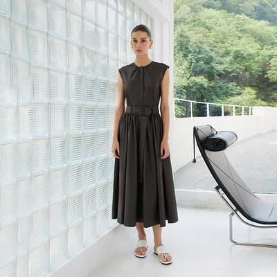 NANCYLILI 夏季新品全棉收腰圆领无袖A字深灰色杏色衬衫群连衣裙