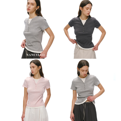 夏季桑蚕丝羊毛假两件显瘦T恤女