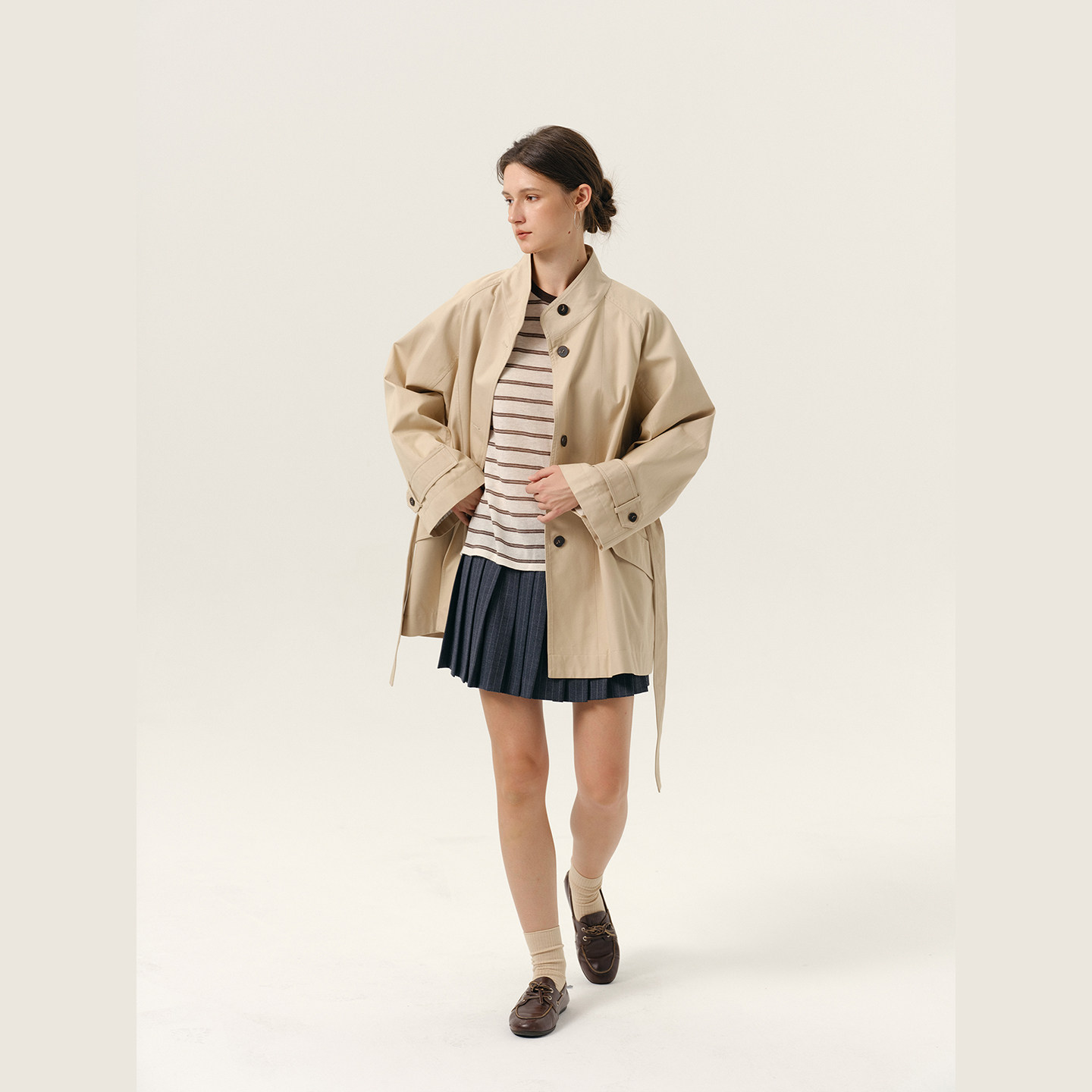 NANCYLILI26春新品浅卡其色立领风衣中长款单排扣松弛显瘦外套女,女装/女士精品,风衣,淘宝优惠券,粉丝福利购,淘宝优惠卷