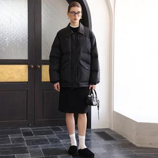 NANCYLILI鹅绒服羊皮拼接皮领鹅绒黑色羽绒服女保暖轻薄短款外套