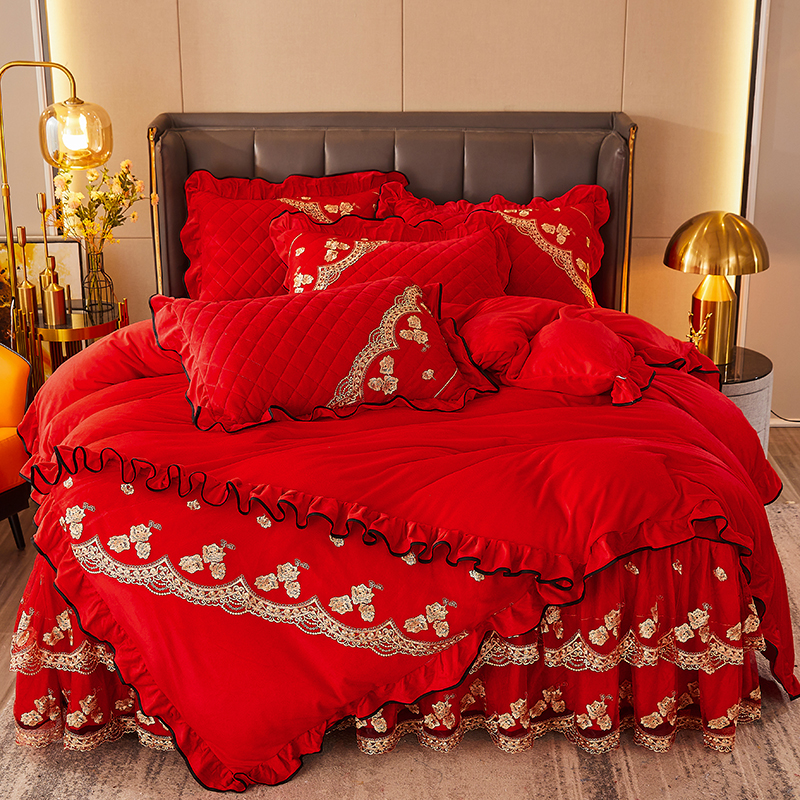 秋冬新品大红色水晶绒夹棉床裙四件套珊瑚绒防滑结婚床罩毛绒床套