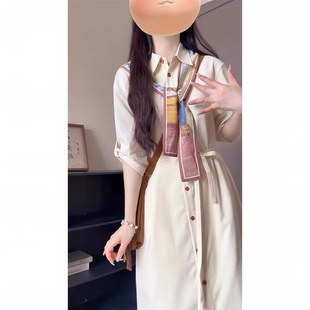 文艺复古气质油画印花衬衫连衣裙女夏季新款收腰显瘦绑带a字长裙