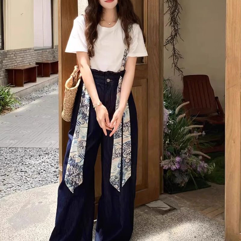两三艺术2025新款复古印花背带裤女夏季高腰显瘦宽松阔腿裤长裤