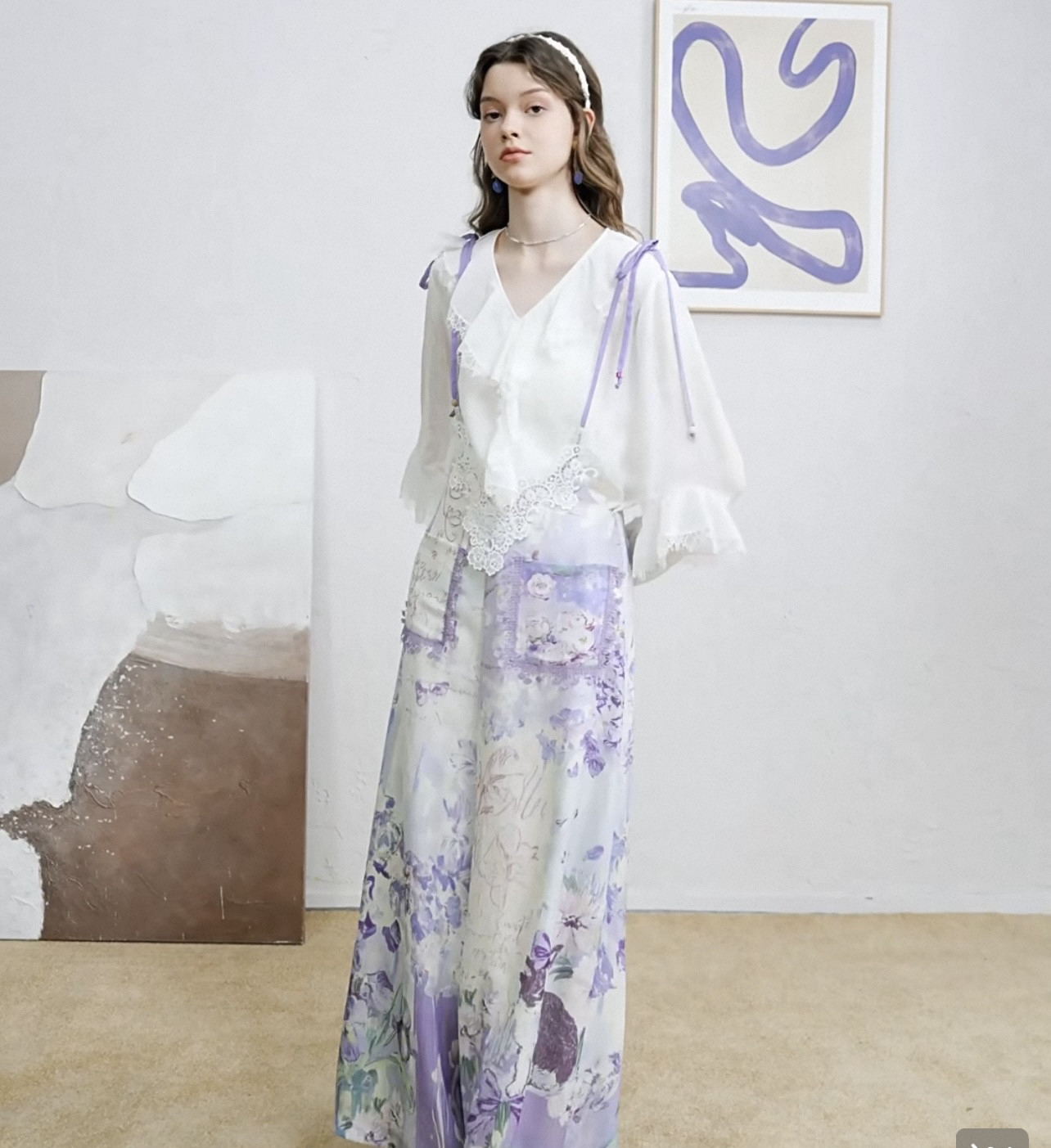 梵高系列衣服油画2026夏季新款甜美印花绑带背带裤女宽松休闲裤