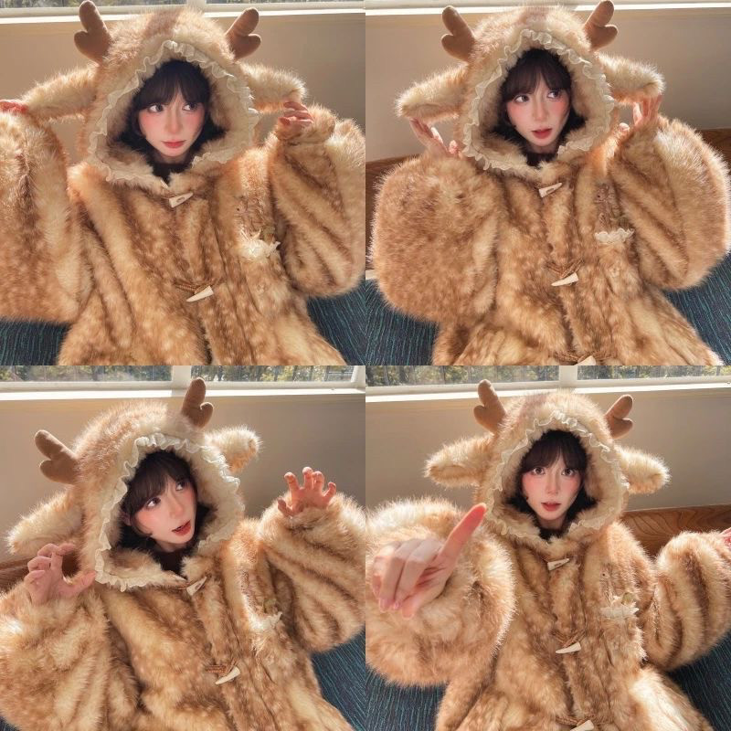 环保皮草仿狐狸毛可爱小鹿绒衫外套冬季新款气质甜美可爱连帽保暖,女装/女士精品,皮草,淘宝优惠券,粉丝福利购,淘宝优惠卷