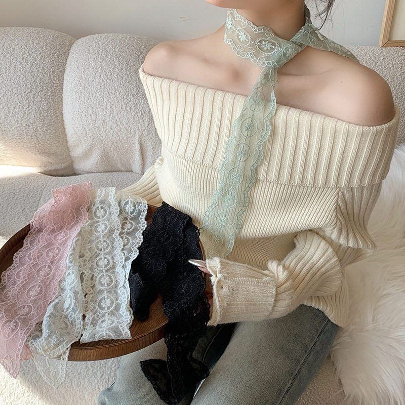 长条蕾丝丝巾女2025新款韩系百搭春夏季时尚护颈丝带脖饰系脖飘带图片