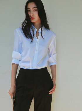 2025LISAYU浅蓝防皱衬衣黑色西裤白色免烫衬衣直筒西裤两件套装