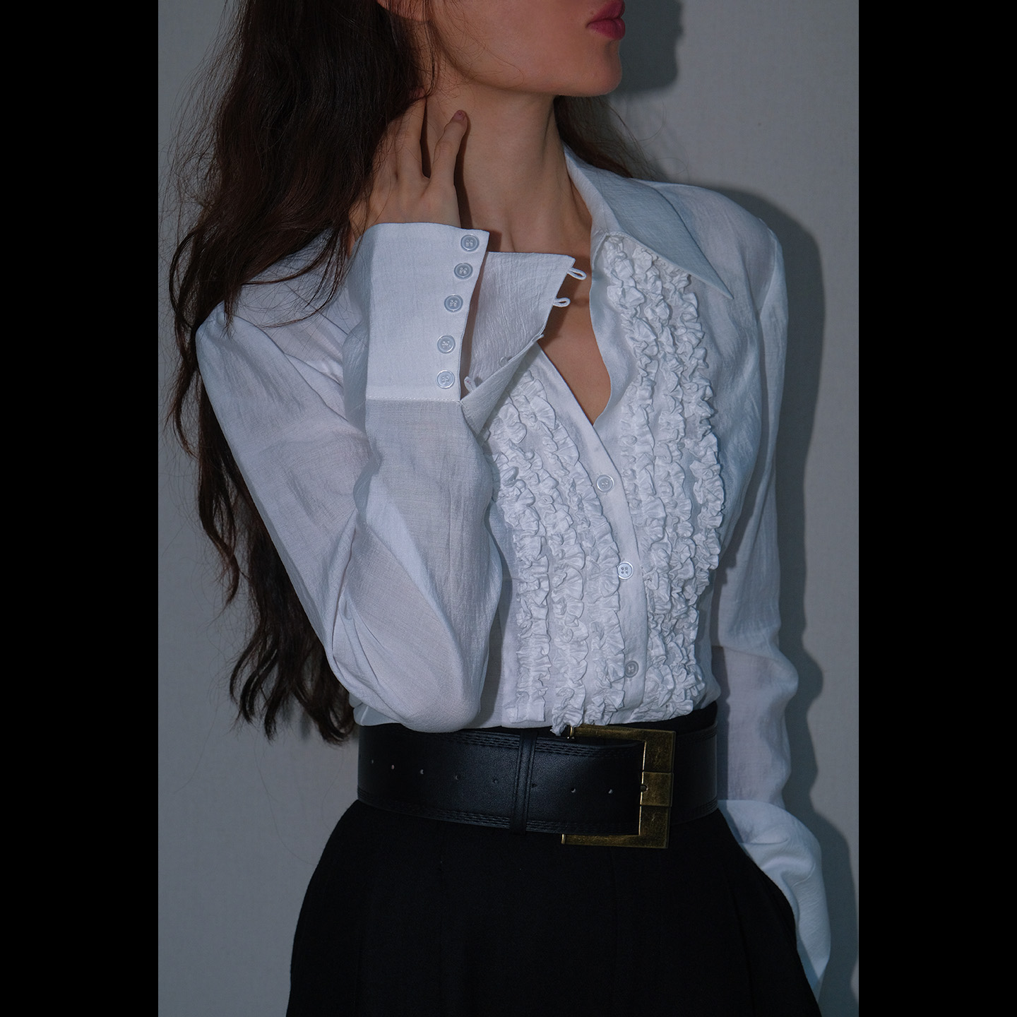 LISAYU法式衬衫木耳花边衬衣羊毛尼高腰直筒阔腿长裤秋冬两件套装