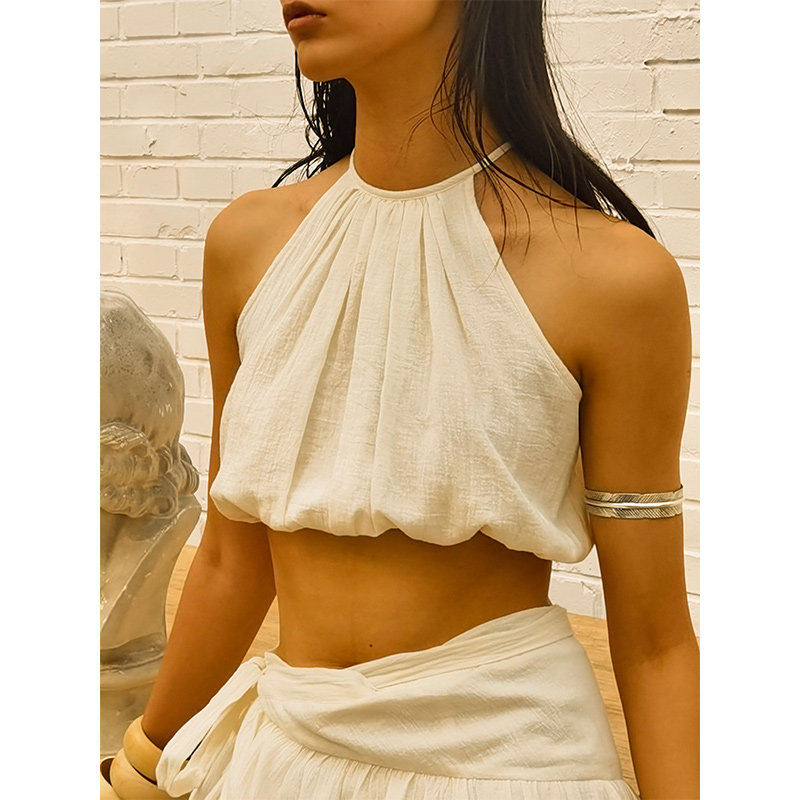 新款海边度假沙滩裙性感挂脖吊带背心超长开衩高腰显瘦半身裙套装