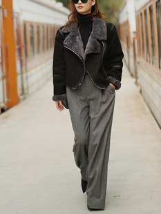 麂皮绒加毛加绒黑色外套冬季外套皮毛一体外套格子毛呢阔腿裤套装