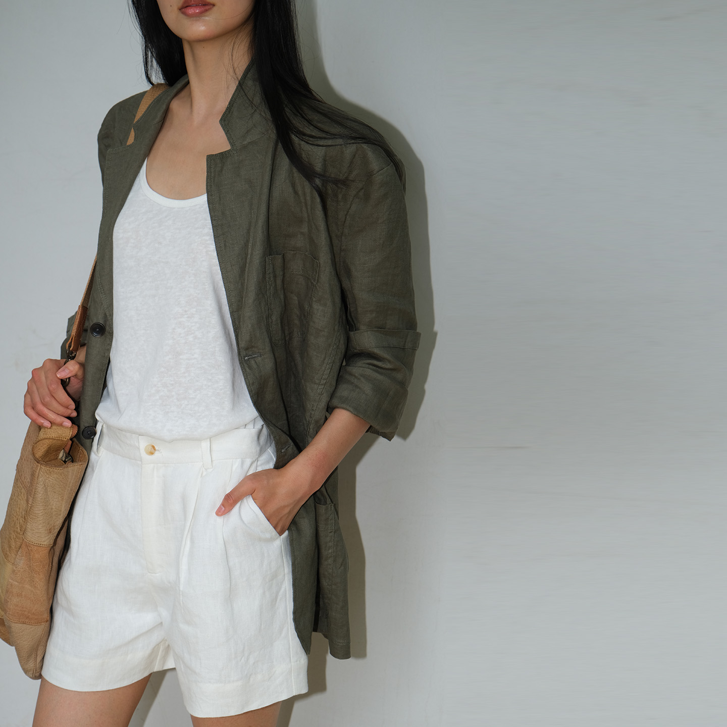 LISAYU原创白色军绿卡其纯亚麻西装吊带背心休闲阔腿短裤三件套装