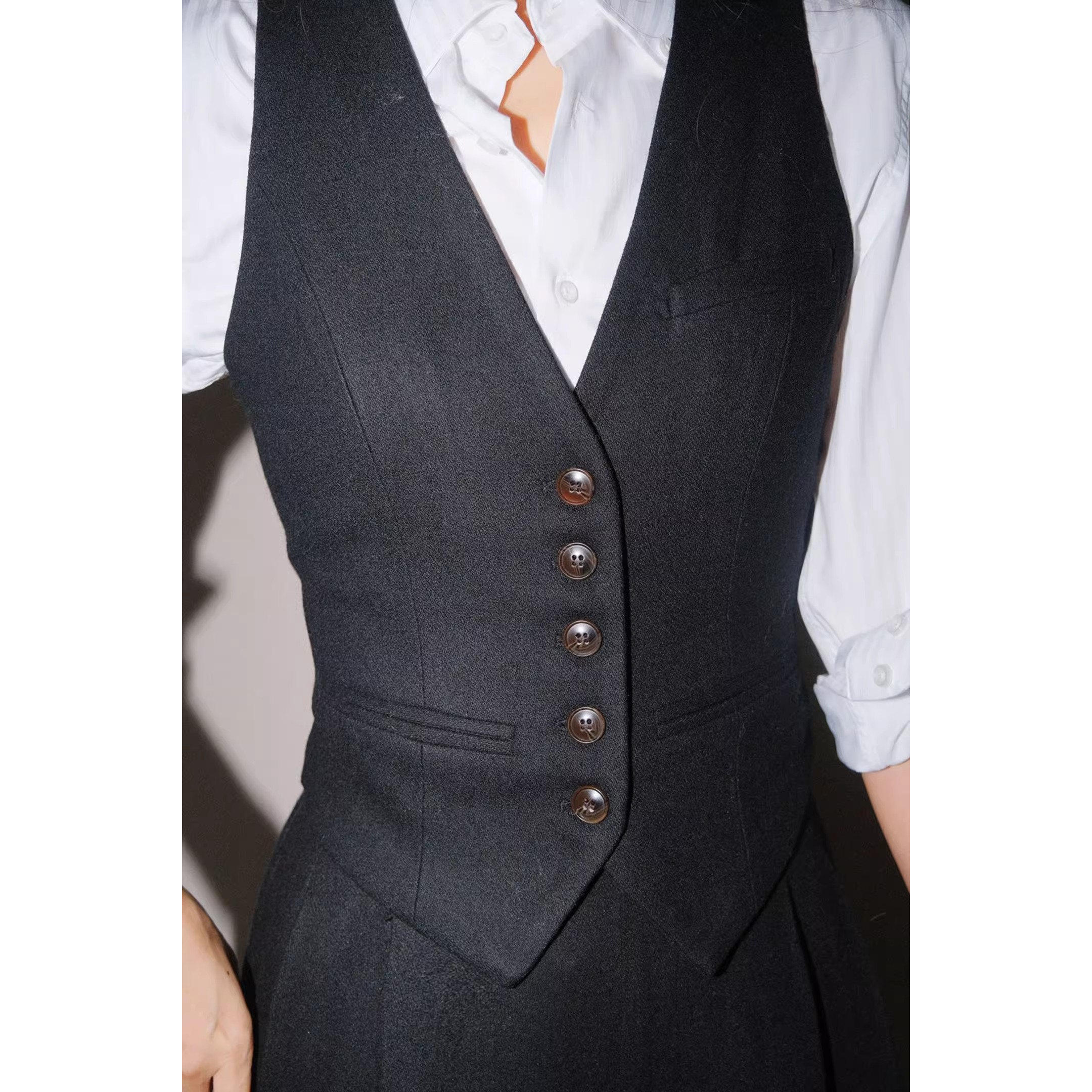 LISAYU黑色毛呢羊毛双排扣马甲衬衣羊毛高腰阔腿裤西装套装三件套