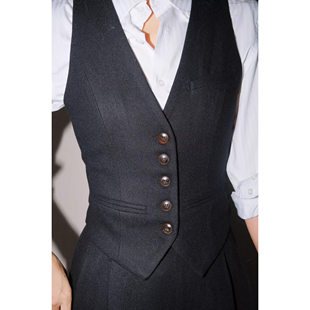 LISAYU黑色毛呢羊毛双排扣马甲衬衣羊毛高腰阔腿裤西装套装三件套