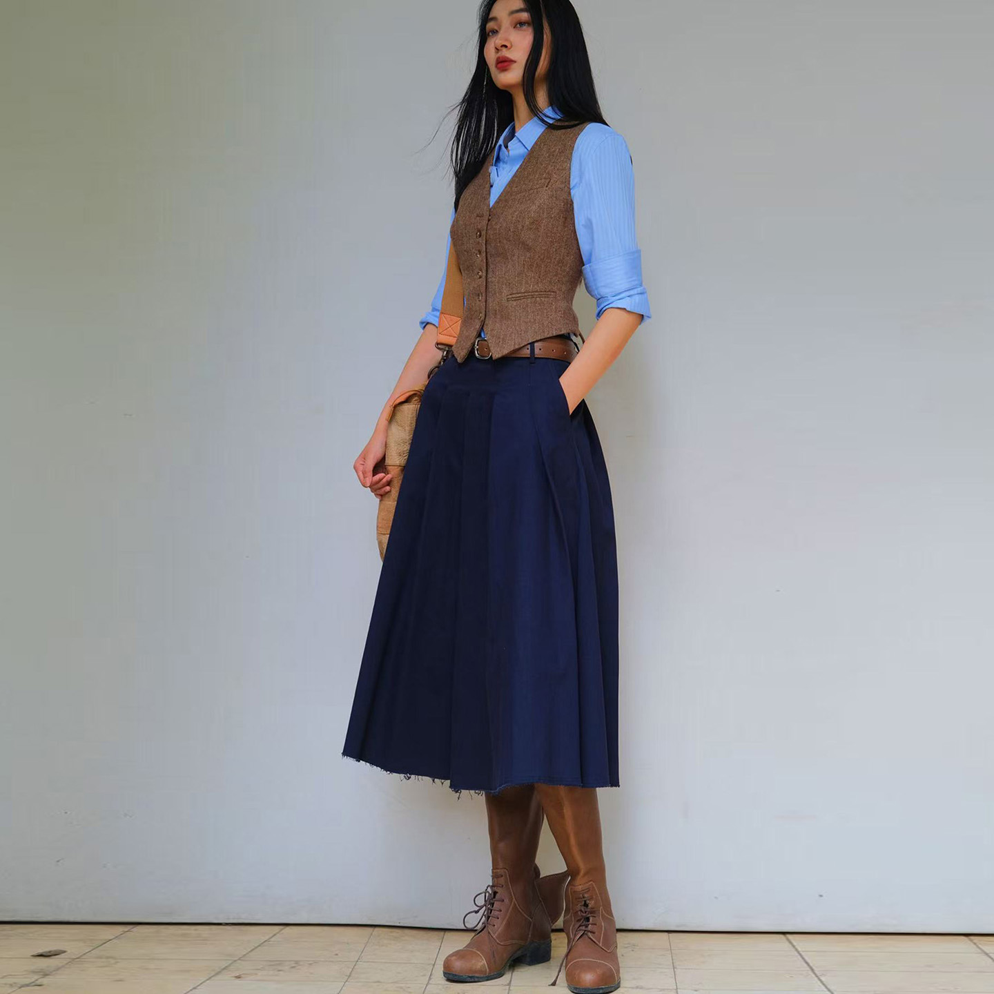 LISAYU羊毛呢花尼马甲全棉秋款半身裙衬衣职业装欧美老钱三件套装