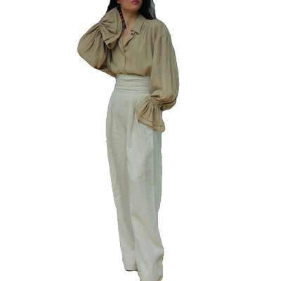 复古文艺棉宽松宫廷白色大衬衣大袖子泡泡袖大裤脚高腰亚麻长裤