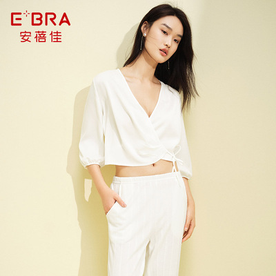 E-BRA安蓓佳薄款V领七分袖睡衣女绑带可外穿时尚家居上衣KL00106
