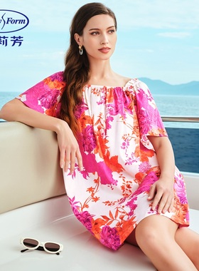 安莉芳女士夏季印花纯棉短袖方领睡裙休闲可外穿时尚睡衣EL00727