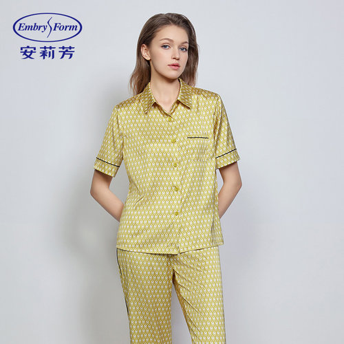 安莉芳专柜新品薄款雪纺印花睡衣套装女士短袖长裤家居服EL00549