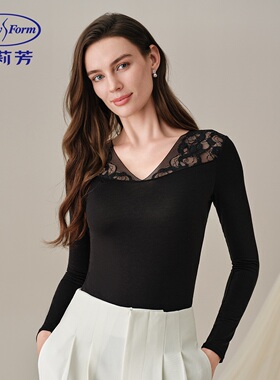 安莉芳女士秋冬黑色V领蕾丝透气薄款舒适暖肤秋衣打底上衣EDW0453