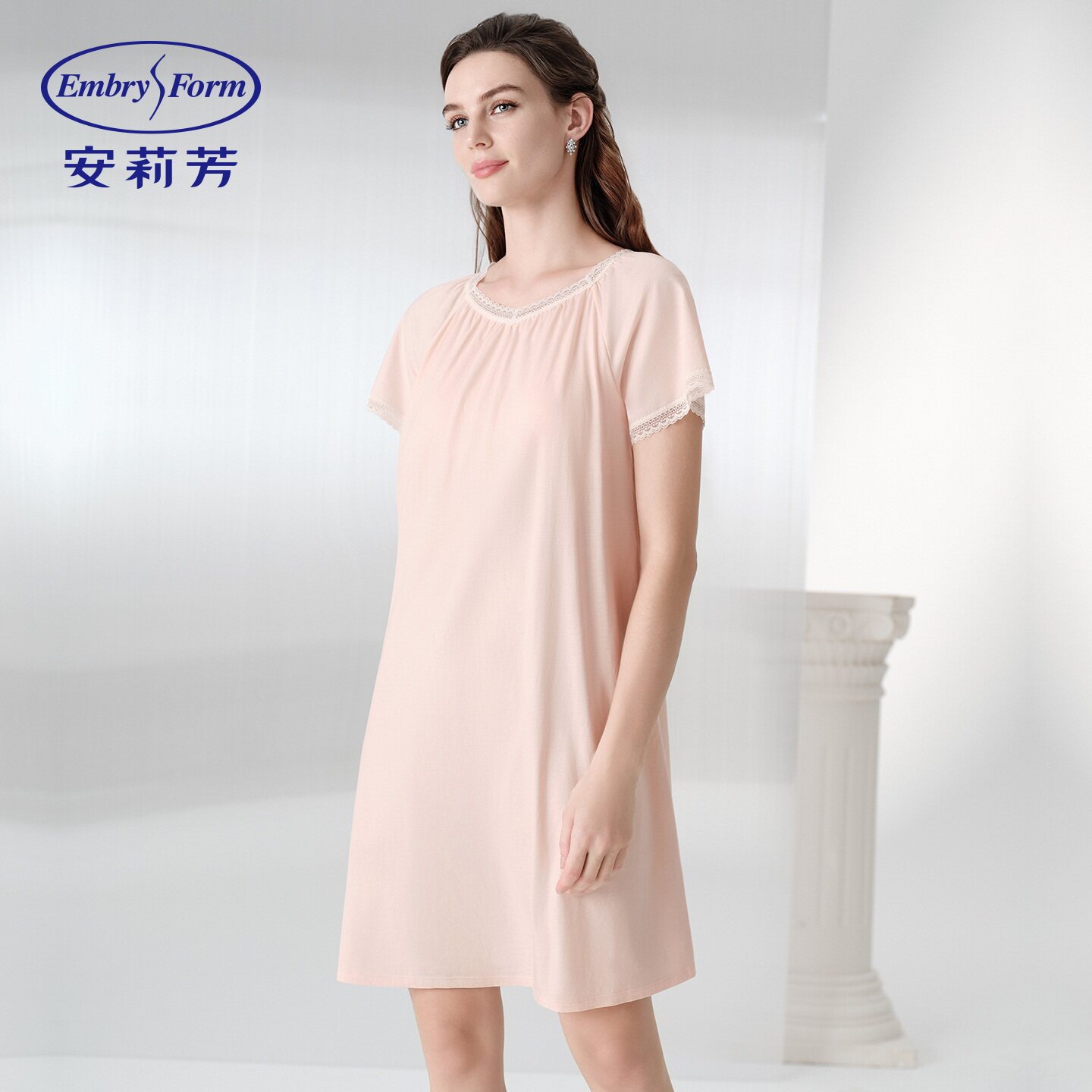 安莉芳【晚安棉系列】春夏款100%棉蕾丝V领带杯女士家居裙
