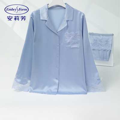 安莉芳专柜新品桑蚕丝小翻领睡衣女士蕾丝花片家居服套装EL00853