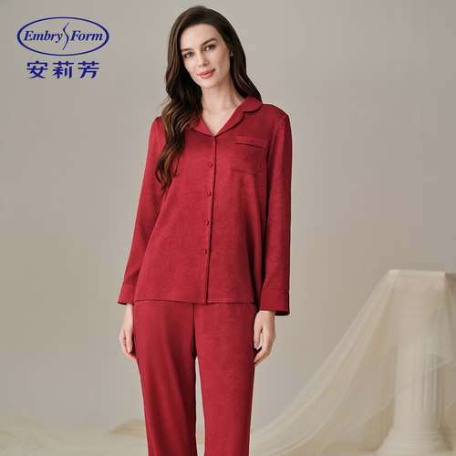 红色真丝女士丝滑缎面家居服套装