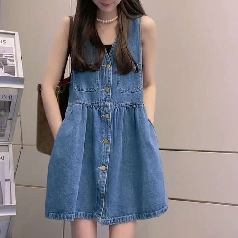 法式复古牛仔背带裙女夏季减龄小个子宽松显瘦背心连衣裙a字短裙