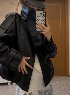 高级感立领韩系机车皮衣外套女2026春秋AC荔枝纹收腰宽松夹克外套