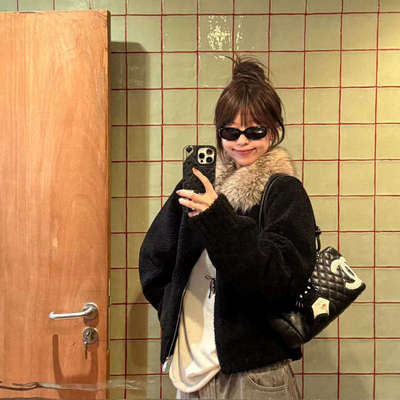 CEEYOU定染毛领小颗粒羊羔外套