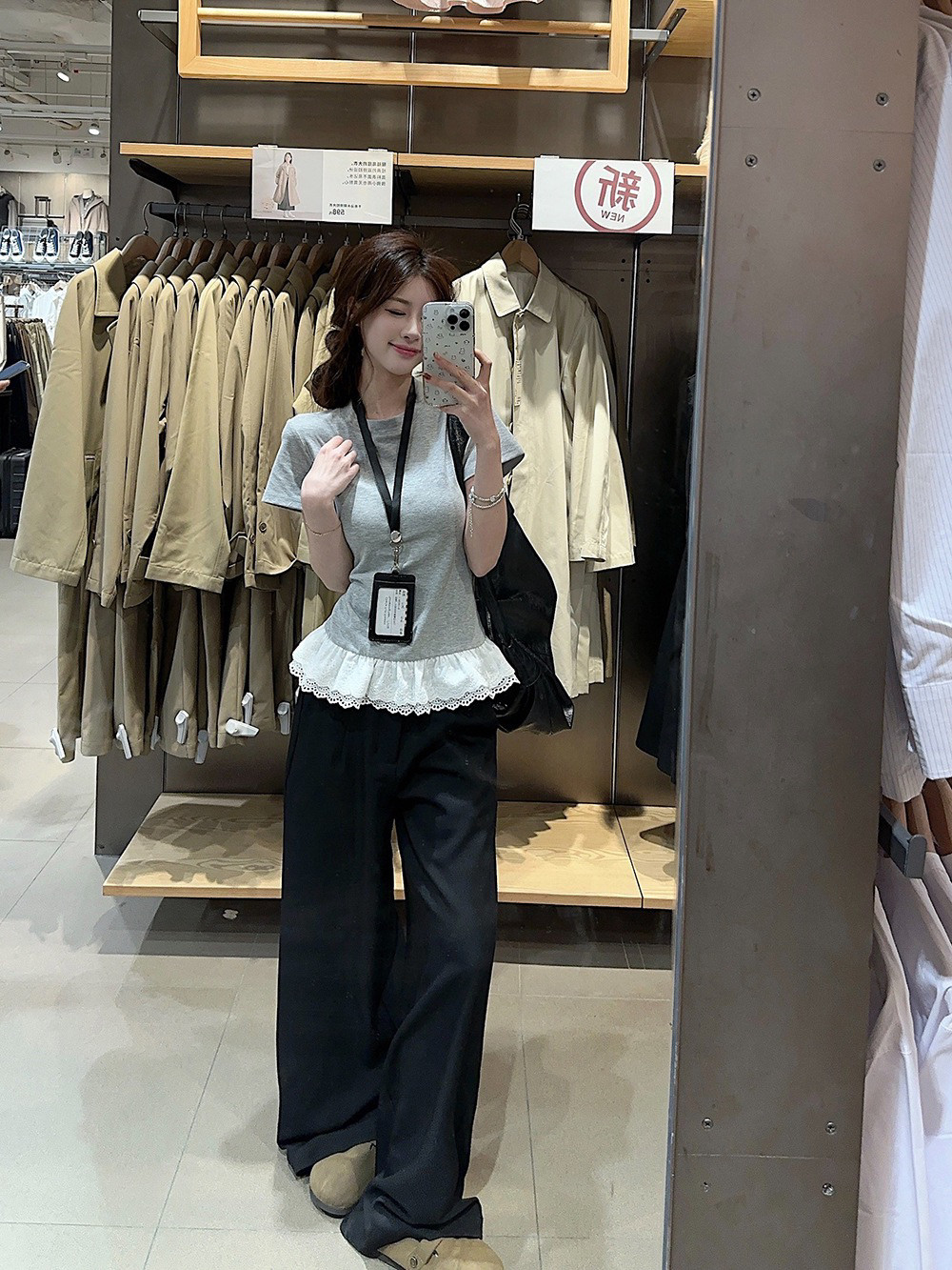 【送运费险】蕾丝拼接短袖t恤女图片