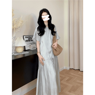 褶皱裙子女 韩系宽松显瘦百搭连衣裙2025夏季 大码 胖MM新款 甜美法式