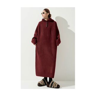 冬季新款慵懒风连帽简约毛衣裙女2025宽松显瘦过膝长款连衣裙外套