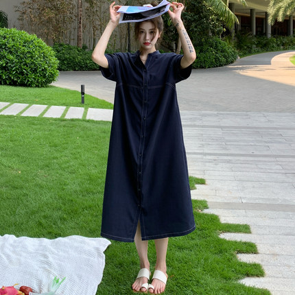 简约通勤短袖连衣裙女2025夏新款大码宽松设计感分割直筒显瘦裙子
