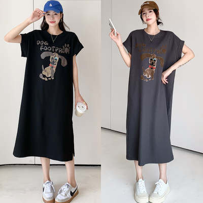 【清仓特价】短袖连衣裙女夏季新款大码直筒简约宽松开叉T恤长裙