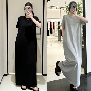 大码 新款 宽松显瘦遮肉透气休闲连衣裙 T恤长裙女夏季 简约纯色短袖
