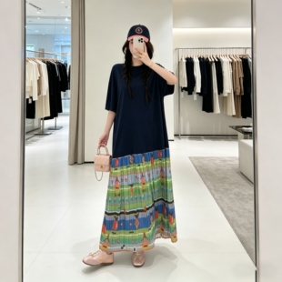 拼接卡通世界裙摆短袖连衣裙女2026夏季新款休闲时尚宽松显瘦长裙