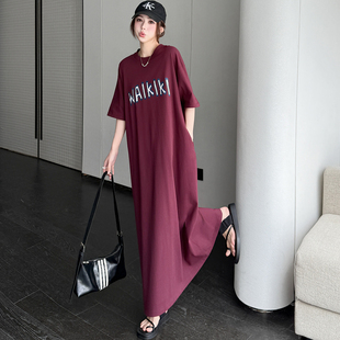 字母印花超长款到脚踝T恤裙女夏季新款宽松显瘦直筒懒人连衣裙子