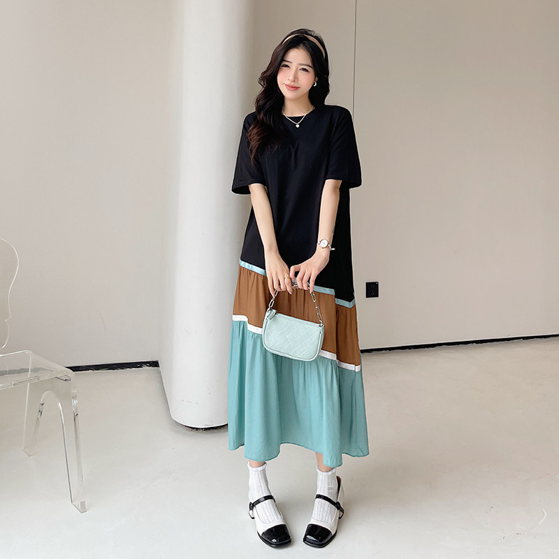 夏季新款拼接撞色不规则T恤裙女胖mm大码宽松过膝显瘦短袖连衣裙