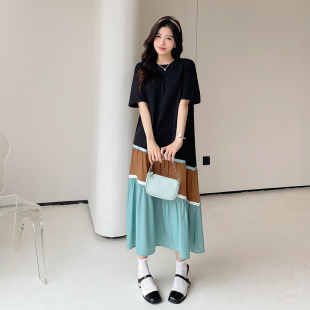 宽松过膝显瘦短袖 拼接撞色不规则T恤裙女胖mm大码 连衣裙 新款 夏季