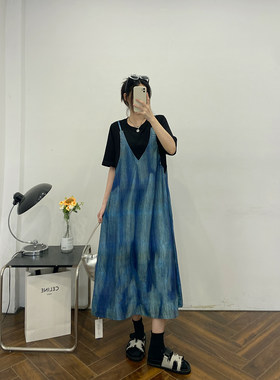 假两件吊带连衣裙女夏新款胖mm大码宽松遮肚子显瘦短袖T恤长裙子