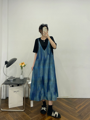 假两件吊带连衣裙女夏新款胖mm大码宽松遮肚子显瘦短袖T恤长裙子