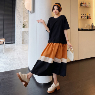新款 大码 T恤长裙2026夏季 短袖 胖mm拼接撞色假两件休闲连衣裙 女装