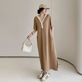 2025夏季 设计感翻领撞色拼接T恤长裙宽松遮肉连衣裙 女装 新款 大码