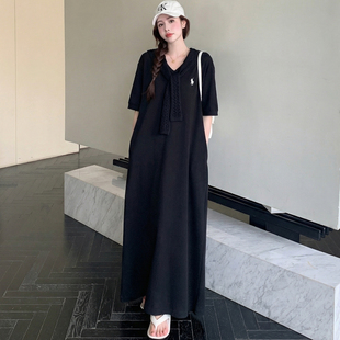 长裙子 新款 休闲短袖 T恤连衣裙女胖妹妹遮肚子宽松显瘦带披肩夏季