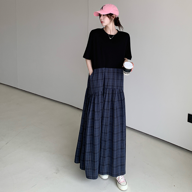 夏季大码加长款短袖连衣裙女法式给子拼接宽松休闲过膝T恤长裙子