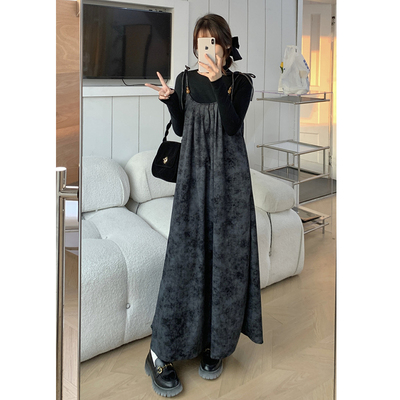 大码秋季高级感晕染吊带连衣裙两件套女大码叠穿高领打底衫套装潮