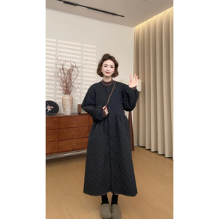 韩版菱格夹棉收腰显瘦保暖灯笼袖A字连衣裙2025秋冬季新款大码女